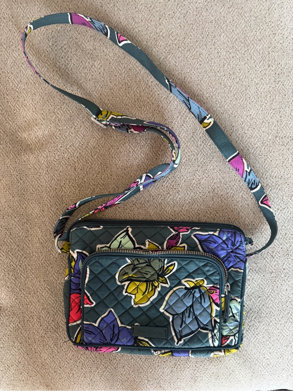 Vera Bradley Neon Blooms Little Hipster Quilted Crossbody Bag Gray Floral Purse